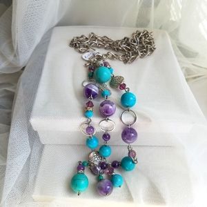 Genuine Amethyst & Turquoise Handmade Long Y Necklace NWT